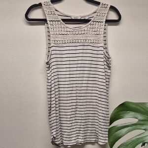 Reitmans Cream and Black Striped Tank with Lace Detail